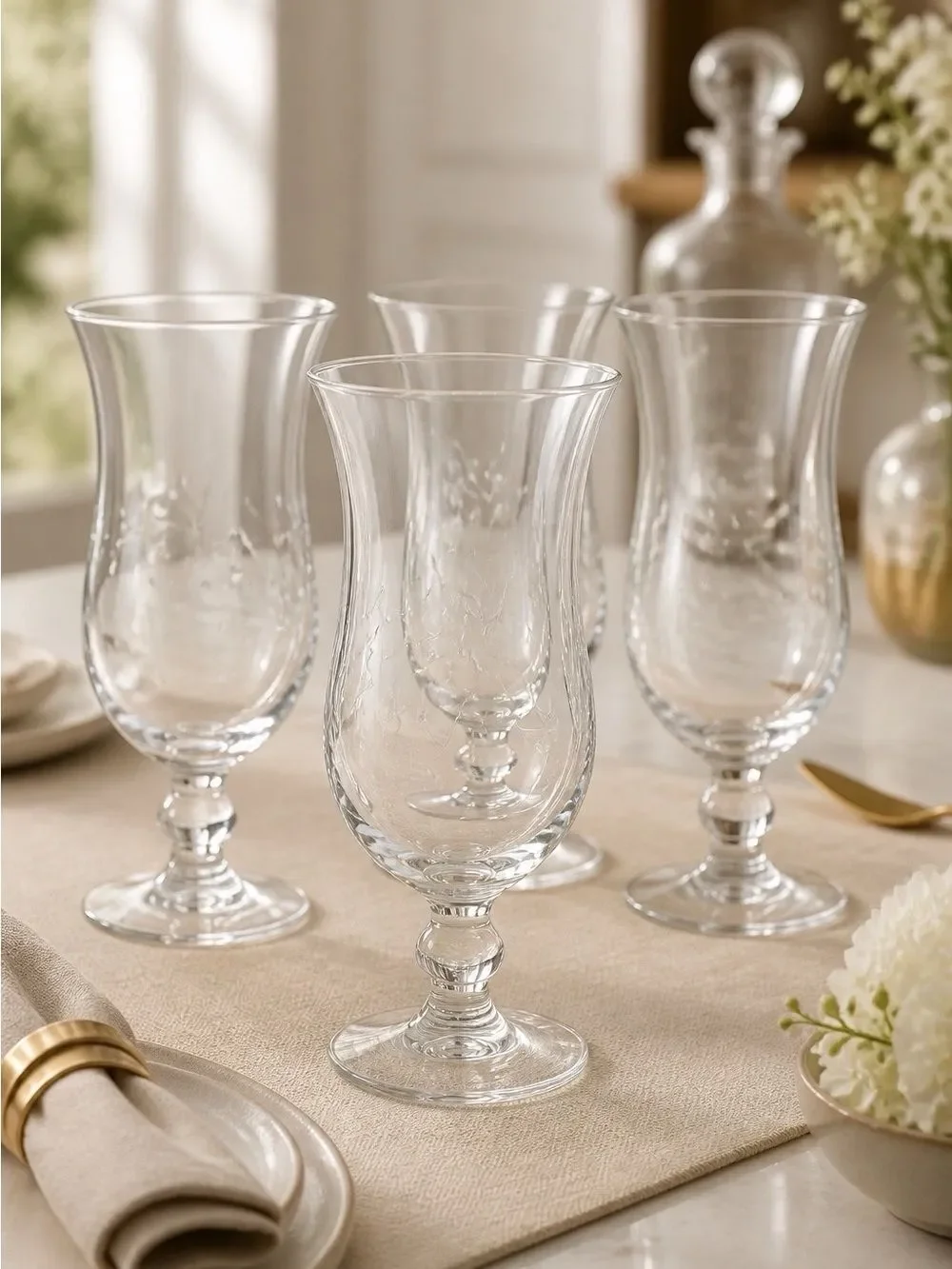 4 VINTAGE PRINCESS HOUSE HURRICANE GLASSES IN HERITAGE PATTERN LIKE NEW